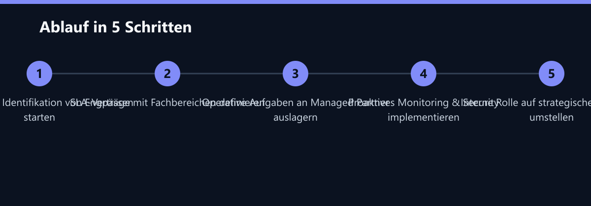 Ablauf in 5 Schritten: IT-Audit zur Identifikation von Engpässen starten, SLA-Verträge mit Fachbereichen definieren, Operative Aufgaben an Managed Partner auslagern …