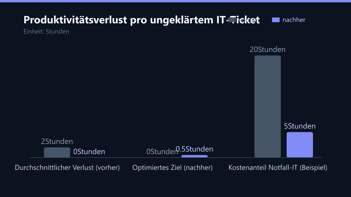 Produktivitätsverlust pro ungeklärtem IT-Ticket: Vorher-Nachher-Vergleich der Werte in Stunden