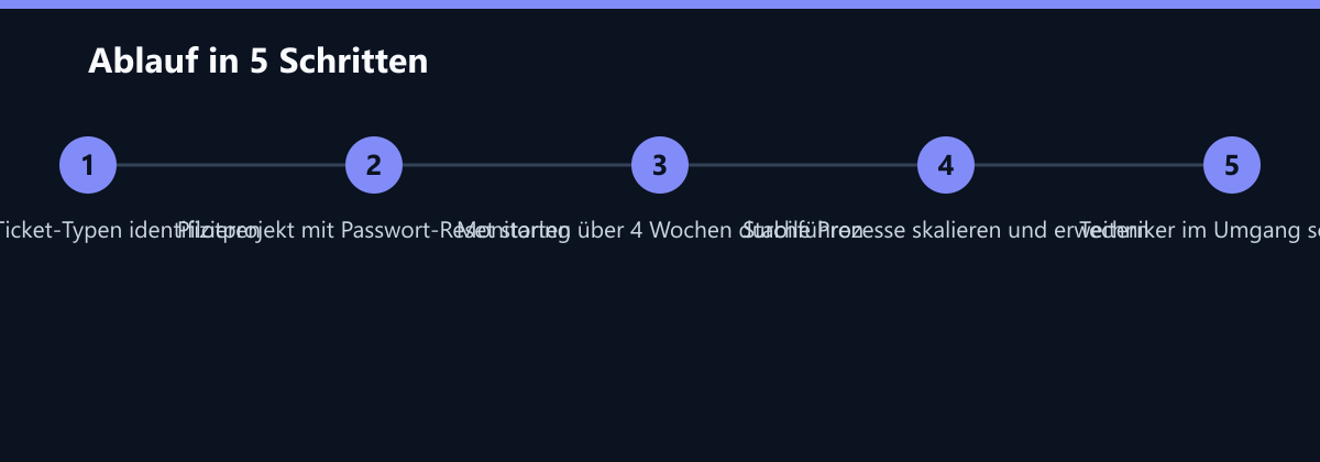 Ablauf in 5 Schritten: Top-10 Ticket-Typen identifizieren, Pilotprojekt mit Passwort-Reset starten, Monitoring über 4 Wochen durchführen …