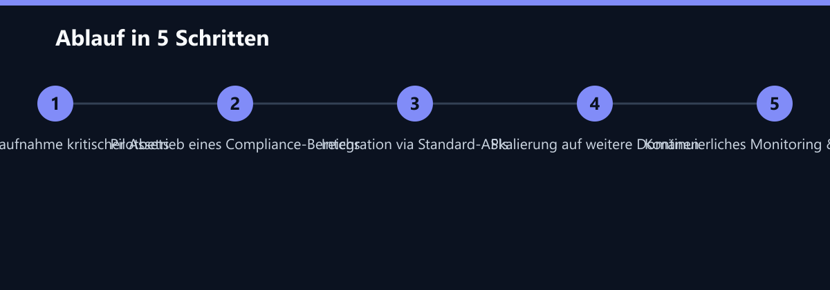Ablauf in 5 Schritten: Bestandsaufnahme kritischer Assets, Pilotbetrieb eines Compliance-Bereichs, Integration via Standard-APIs …