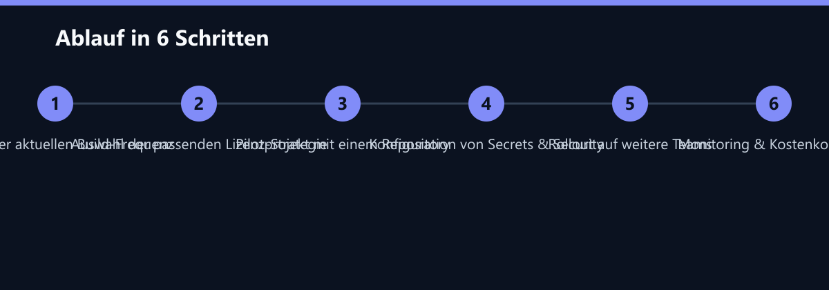 Ablauf in 6 Schritten: Analyse der aktuellen Build-Frequenz, Auswahl der passenden Lizenz-Strategie, Pilotprojekt mit einem Repository …