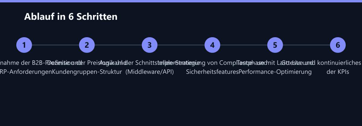 Ablauf in 6 Schritten: Bestandsaufnahme der B2B-Prozesse und ERP-Anforderungen, Definition der Preislogik und Kundengruppen-Struktur, Auswahl der Schnittstellen-Strategie (Middleware/API) …