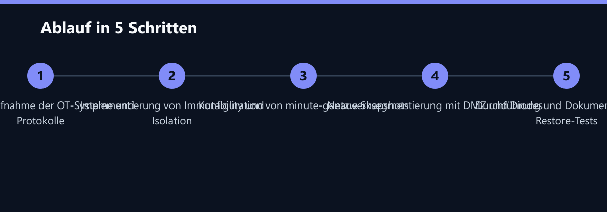 Ablauf in 5 Schritten: Bestandsaufnahme der OT-Systeme und Protokolle, Implementierung von Immutability und Isolation, Konfiguration von minute-genaue Snapshots …