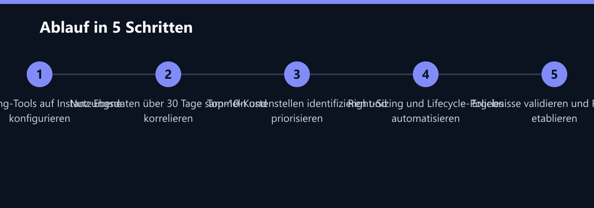 Ablauf in 5 Schritten: Monitoring-Tools auf Instanz-Ebene konfigurieren, Nutzungsdaten über 30 Tage sammeln und korrelieren, Top-10-Kostenstellen identifizieren und priorisieren …