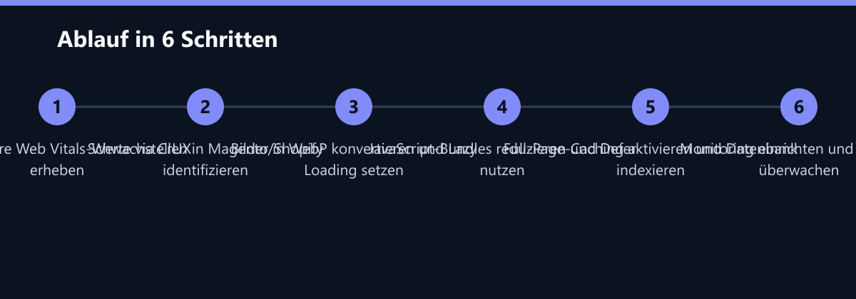 Ablauf in 6 Schritten: Aktuelle Core Web Vitals-Werte via CrUX erheben, Schwachstellen in Magento/Shopify identifizieren, Bilder in WebP konvertieren und Lazy Loading setzen …