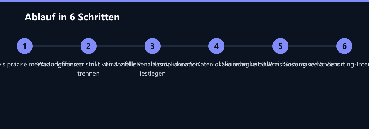 Ablauf in 6 Schritten: Service Levels präzise messbar definieren, Wartungsfenster strikt von Ausfällen trennen, Finanzielle Penalties & Eskalation festlegen …