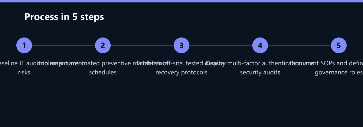 Ablauf in 5 Schritten: Conduct a baseline IT audit to map current risks, Implement automated preventive maintenance schedules, Establish off-site, tested disaster recovery protocols …