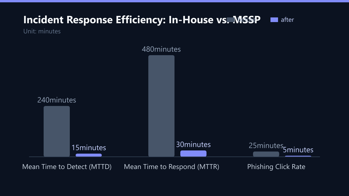 Incident Response Efficiency: In-House vs. MSSP: Vorher-Nachher-Vergleich der Werte in minutes
