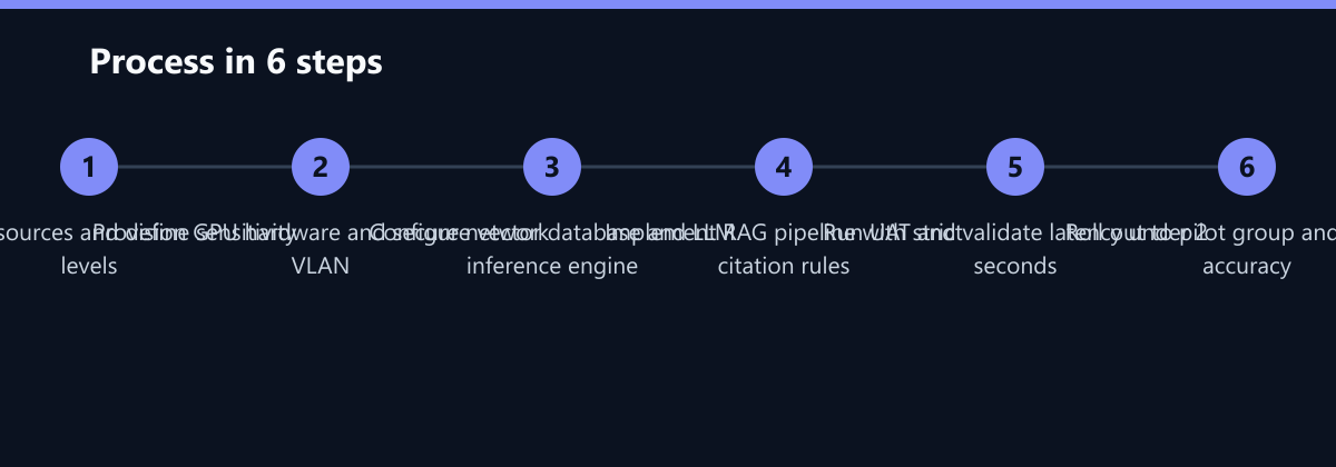 Ablauf in 6 Schritten: Audit data sources and define sensitivity levels, Provision GPU hardware and secure network VLAN, Configure vector database and LLM inference engine …
