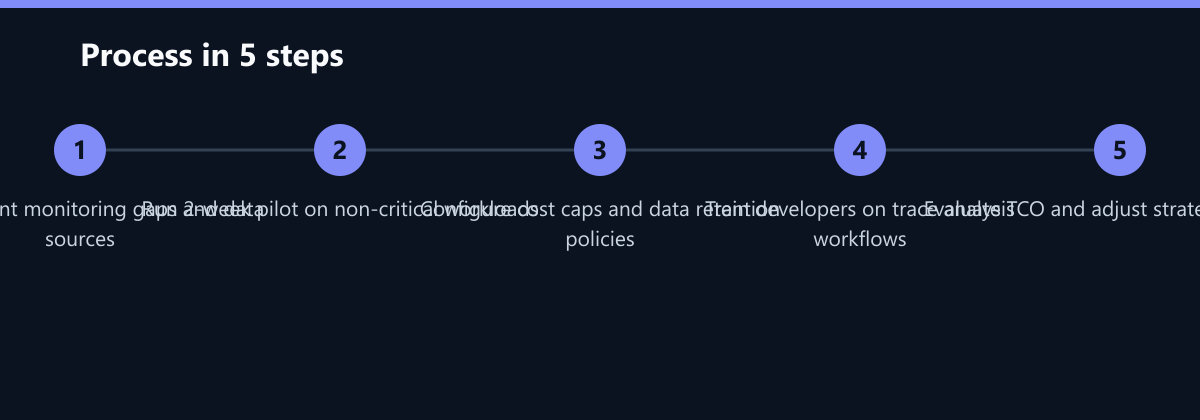 Ablauf in 5 Schritten: Audit current monitoring gaps and data sources, Run 2-week pilot on non-critical workloads, Configure cost caps and data retention policies …