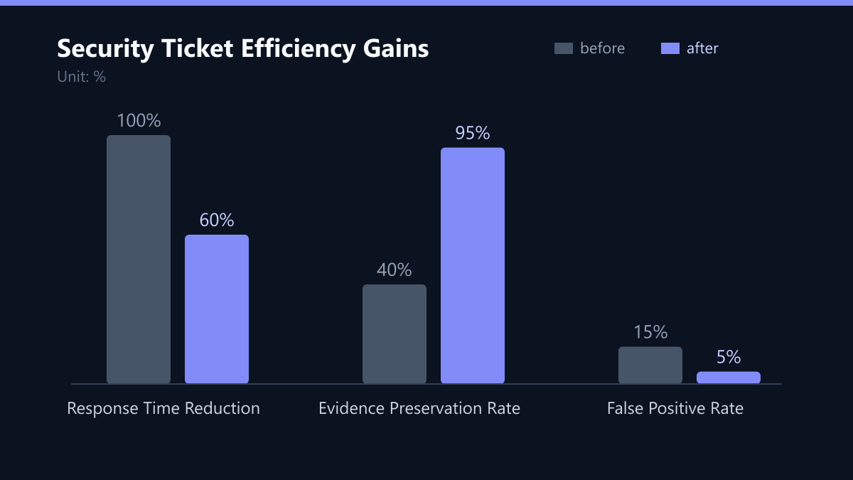 Security Ticket Efficiency Gains: Vorher-Nachher-Vergleich der Werte in %