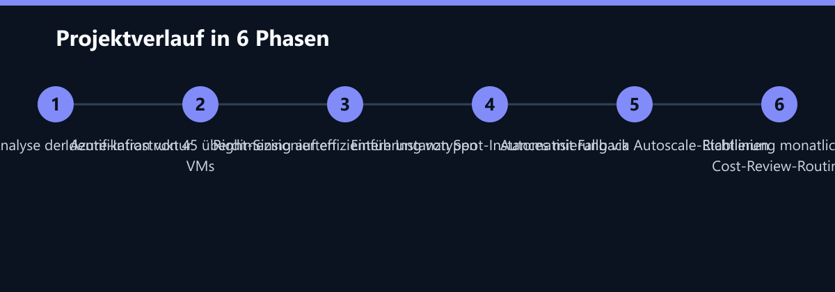 Projektverlauf in 6 Phasen: 4-wöchige Analyse der Azure-Infrastruktur, Identifikation von 45 überdimensionierten VMs, Right-Sizing auf effizientere Instanztypen …