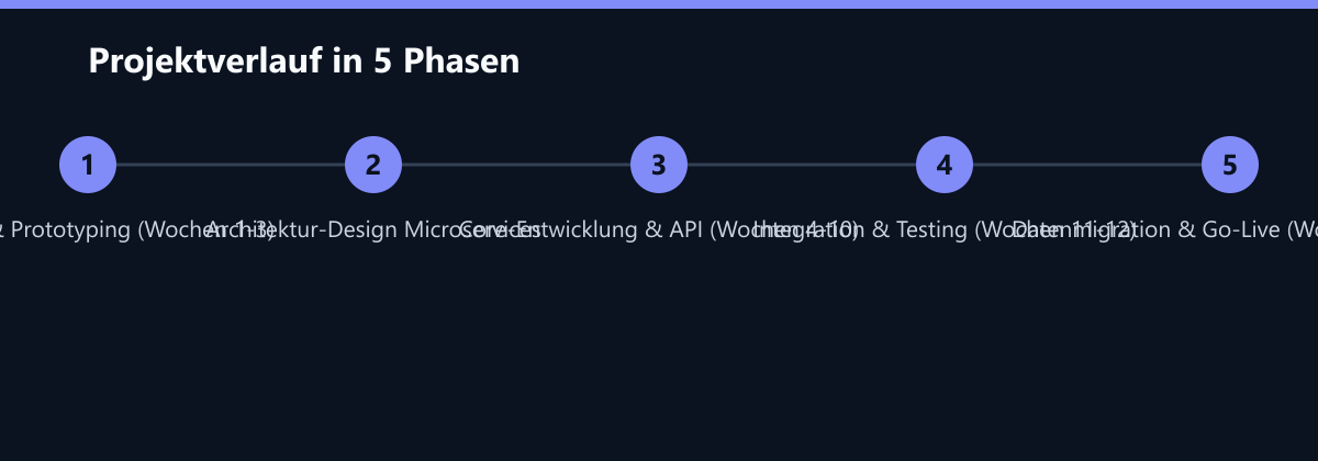 Projektverlauf in 5 Phasen: Analyse & Prototyping (Wochen 1-3), Architektur-Design Microservices, Core-Entwicklung & API (Wochen 4-10) …