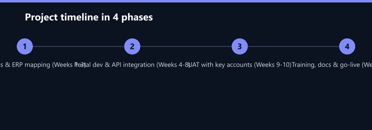 Projektverlauf in 4 Phasen: Requirements & ERP mapping (Weeks 1-3), Portal dev & API integration (Weeks 4-8), UAT with key accounts (Weeks 9-10) …
