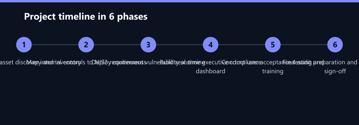 Projektverlauf in 6 Phasen: Automated asset discovery and inventory, Map internal controls to NIS2 requirements, Deploy continuous vulnerability scanning …