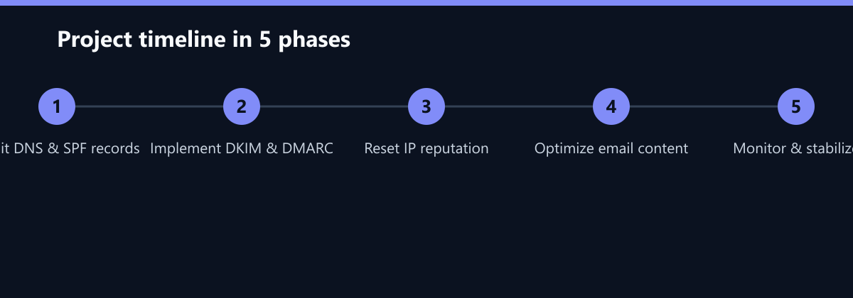 Projektverlauf in 5 Phasen: Audit DNS & SPF records, Implement DKIM & DMARC, Reset IP reputation …