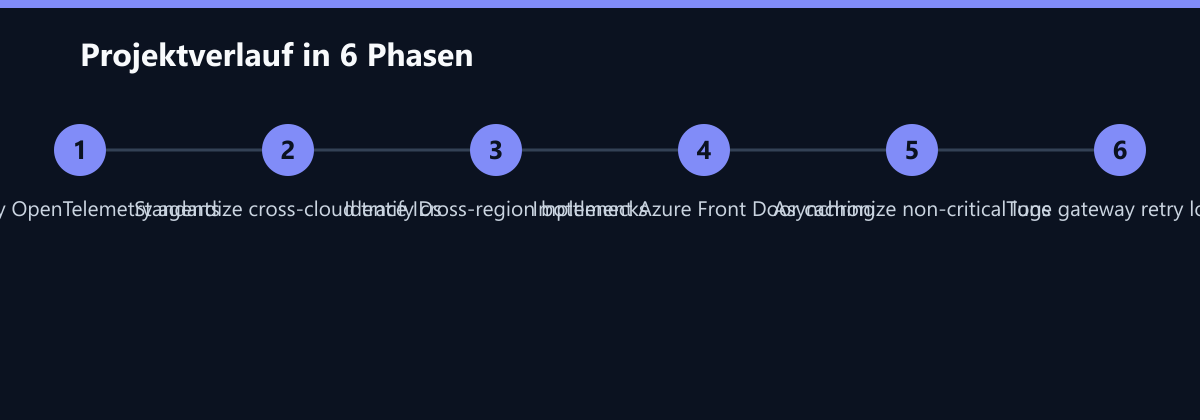 Projektverlauf in 6 Phasen: Deploy OpenTelemetry agents, Standardize cross-cloud trace IDs, Identify cross-region bottlenecks …
