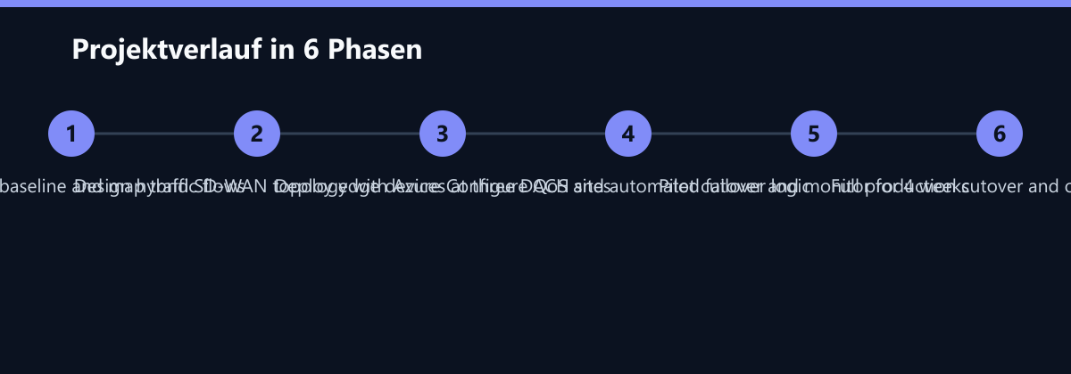 Projektverlauf in 6 Phasen: Audit MPLS baseline and map traffic flows, Design hybrid SD-WAN topology with Azure, Deploy edge devices at three DACH sites …